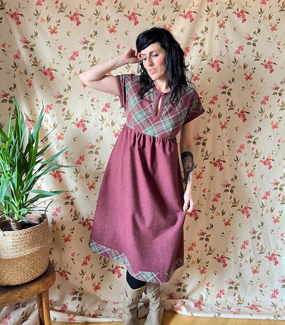 Vintage winter wool dress, tartan academia cottage