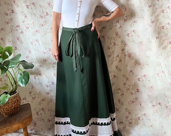 Vintage 70er Prärie-Maxirock, Dirndl, Trachten, antik, Folk-Spitze, Moos, Gunne, österreichische Hütte, hohe Taille, romantischer Western, Milchmädchen, alpine, XL