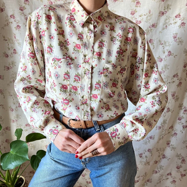 chemise cachemire bohème vintage des années 90 des années 70 romantique cottagecore boutonnée bureau ditsy élégant folk chic féminin baroque secrétaire chic haut L