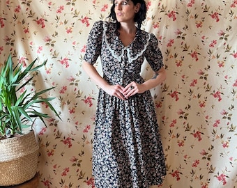 Vintage chelsea collar floral dress 40s stl S, ashley cottagecore tie back babydoll peter pan ditsy prairie lace tea garden romantic feminin