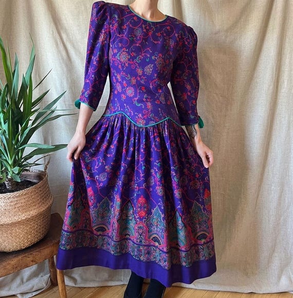 Vintage Pleated Midi Dress S 70s, Drop Waist 80s Shoulder Pad Gown Bohemian M Vintage Pleated Midi Dress S 70s, Drop Waist 80s Shoulder Pad Gown Bohemian M