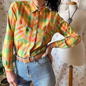 Vintage 70s plaid cottagecore shirt, colourful prairie 60s folk top mustard button up goblin romantic western rodeo hippy country cotton S