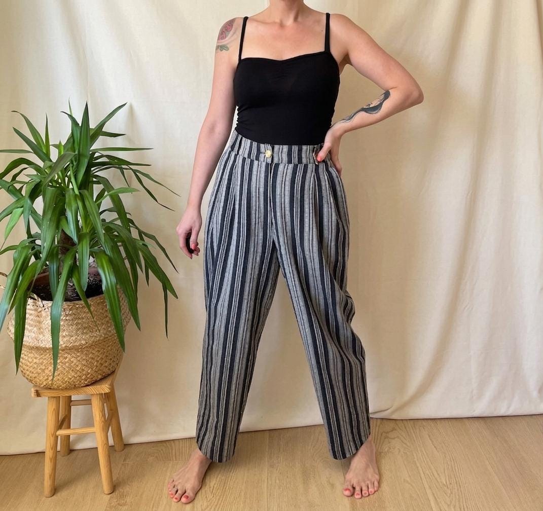 神シルエット◎ 90s Vintage Stripe Crease Slacks Vintage Clown Circus Pants L 90s, High Waist Linen Slacks Pleated
