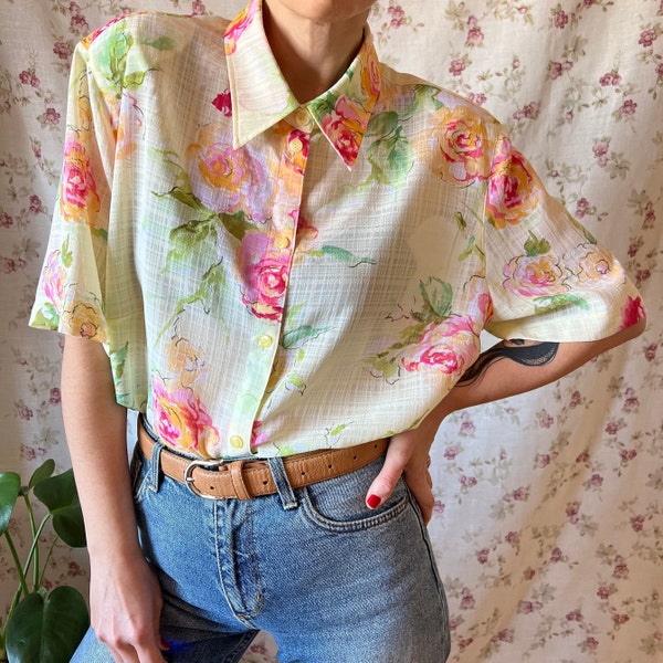 Vintage pastel garden shirt romantic 90s button up neon cottage plus spring garden feminine resort loose chic 80s classy botanical peony top