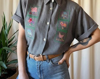 Vintage plus size gingham shirt 3XL 90s, country farm embroidery cottagecore navy