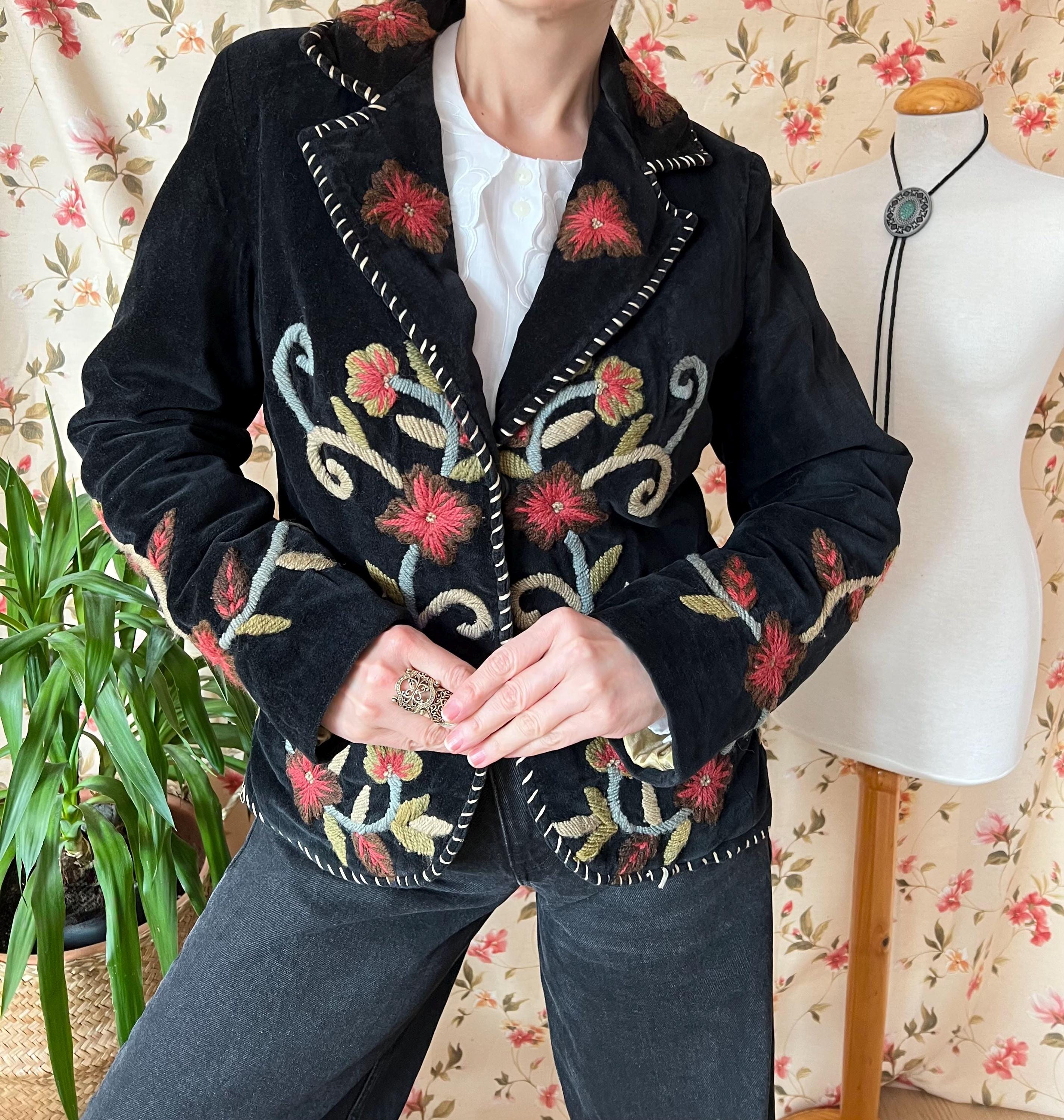 Vintage Indian Style Black Velvet Jacket 90s 70s M L, 3D