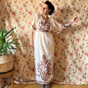 Vintage 60er Jahre Paisley Vogel Kleid Kleid 70er Jahre L XL, Indianer Folklore Kleid Boho Blumen Blumengesteck Maxi Engelsärmel Kittel Boho Festival Umstandsmode Hängerchen M
