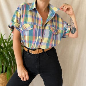 Vintage pastel plaid shirt XL 50s style 90s, check cottagecore western retro preppy prairie