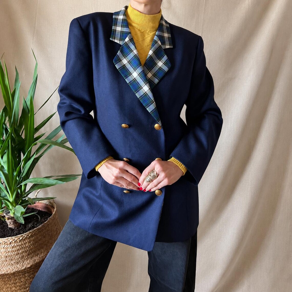 Vintage business wool jacket XL 80s, elegant navy blazer elegant classy office coat, foto 4 de 5