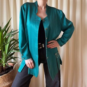Vintage emerald plus size disco blazer 3XL 80s, metallic crushed satin glam duster chain
