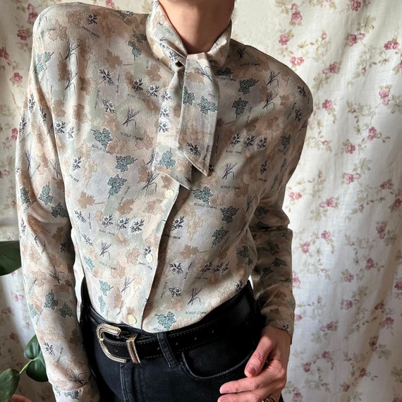 Vintage Office Shirt 90s, Botanical Pussy Bow Secretary Business 
