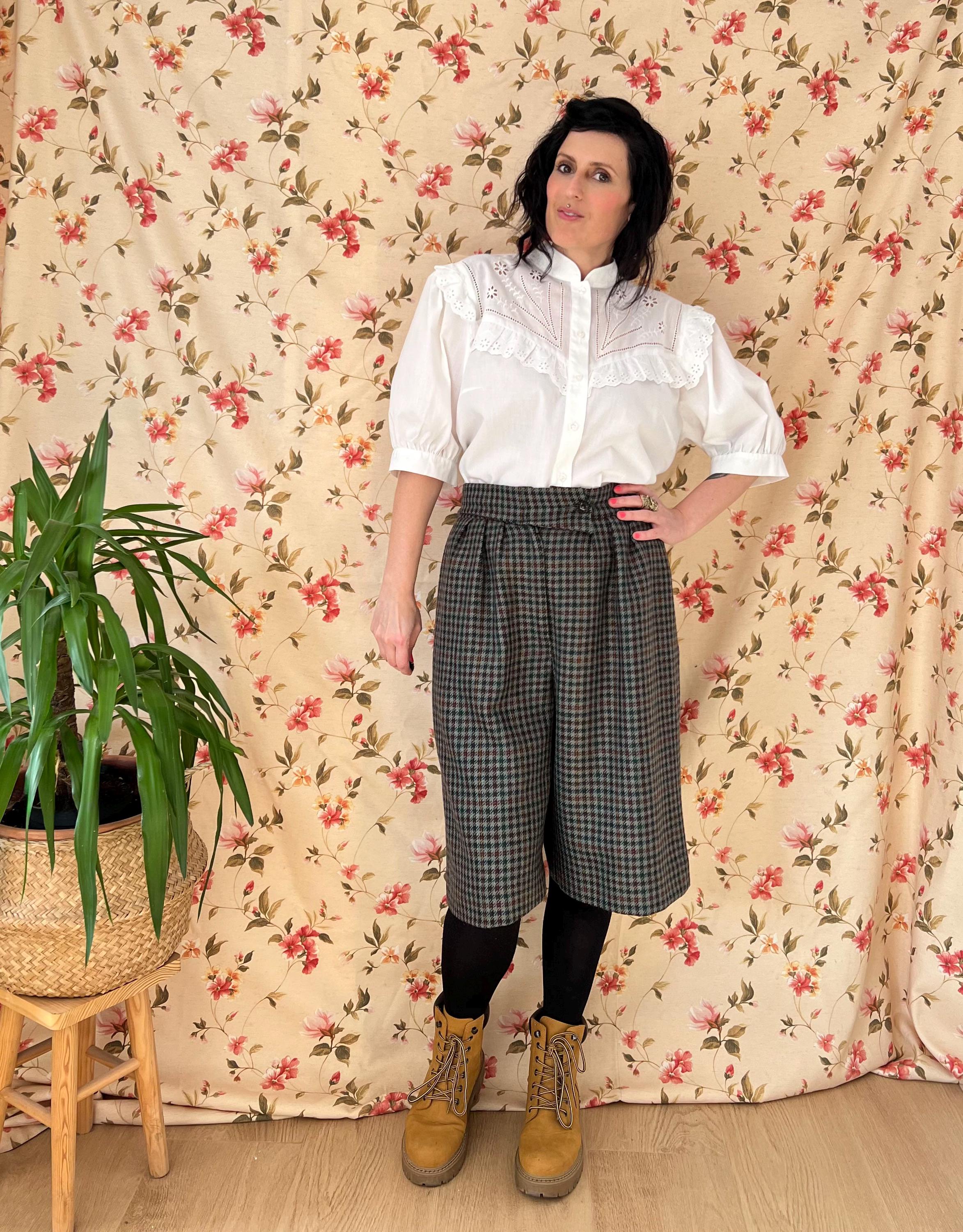 Vintage Plaid Wool Culottes 80s L, Winter Midi Skirt Pants Office