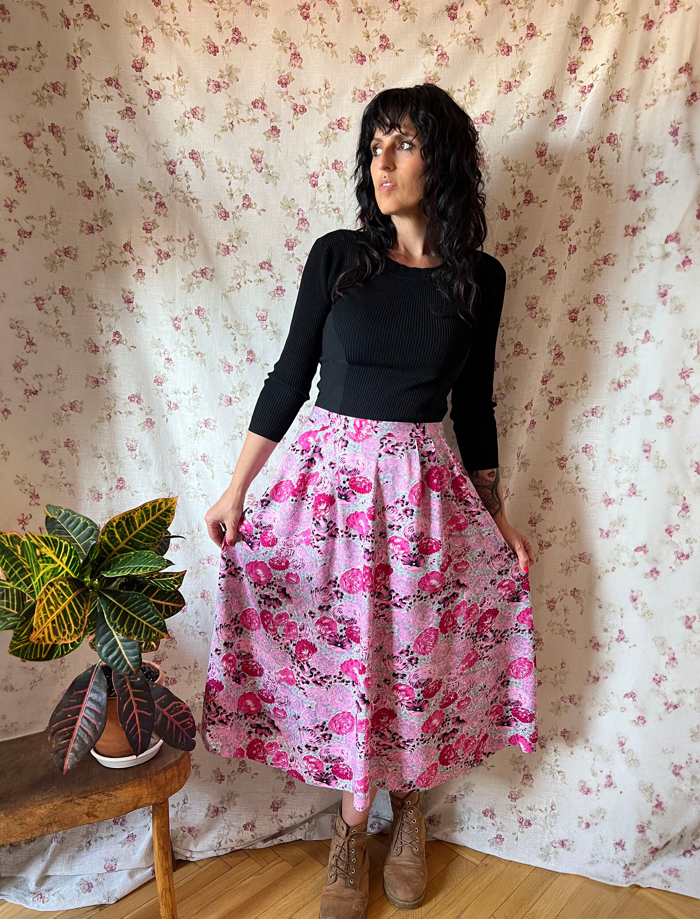 Vintage Prairie Skirt 80s L Cottagecore Garden Feminine Midi Peony Romantic Spring Coquette Pleated Fuchsia High Waist Parisian Babydoll Etsy UK