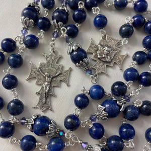 Heirloom Sterling Silver Rosary Rustic Latin American with Natural Lapis Lazuli Beads Sterling Silver Crucifix and Praying Angel Center