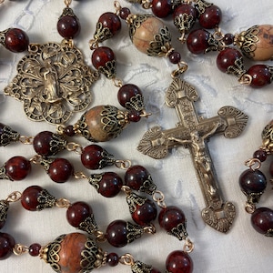 Heirloom Rosary Ornate Solid Bronze Crucifix Lourdes Filigree Centerpiece Red Brecciated Jasper & Opal Jasper