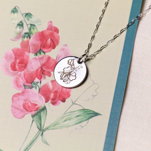 Sweet Pea Flower Necklace, Thank You Gift, Appreciation Gift, Meaningful Jewelry, Floriography, Language of Flowers Personalized Jewellery