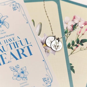 Beautiful Heart Necklace, Lily & Jasmine Necklace, You are Kind, Kindness Gift, Friendship,  Engraved Necklace, Personalized Gift, Flower