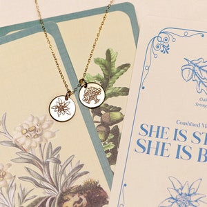 She is Brave, Strong Gift, Edelweiss & Oak Tree Necklace, Gift for Her, Engraved Pendant, Personalized Gift, Flower Language: Courage