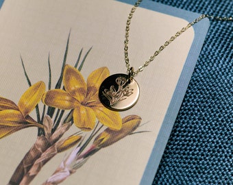 Krokus Blume Halskette, Fröhlichkeit, bedeutungsvolles Geschenk, Geschenk für Sie, Floriographie, Sprache der Blumen Schmuck, minimalistischer Anhänger