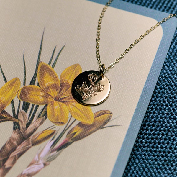 Colar de flor de açafrão, alegria, presente significativo, presente para ela, floriografia, joias com linguagem de flores, pingente minimalista
