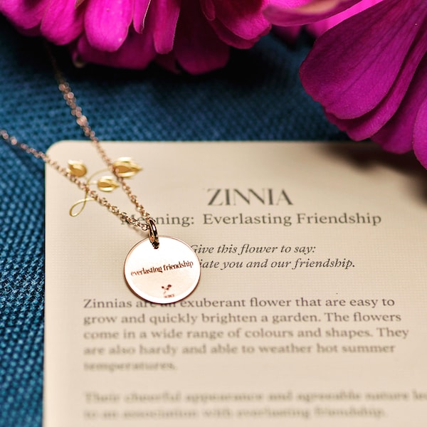 Zinnia Flower Necklace,  Everlasting Friendship, Meaningful Gift, Gift for Friend, Floriography, Language of Flowers Jewellery, Minimalist