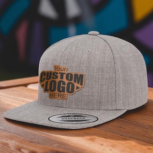 Custom Flat Bill Leather Patch Hat, Leatherette, Trucker Style, Snap Back, Yupoong, YP Classics 6089