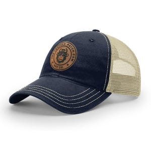 Custom Leather Patch Trucker Hats, Logo Hat, Laser Engraved Leather Patch, Business Merch, Company Logo Hat, Richardson 111 Snapback Hat