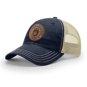 Custom Leather Patch Trucker Hats, Logo Hat, Laser Engraved Leather Patch, Business Merch, Company Logo Hat, Richardson 111 Snapback Hat