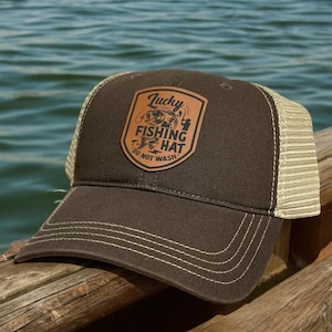 Lucky Fishing Hat, Dad Fishing Cap, Leather engraved, Leather patch hat, Bass fishing hat, Gift for him, Gift for Dad, Angler Hat, Angler