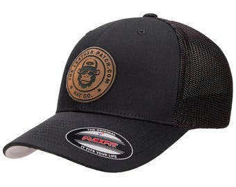 Custom FlexFit Trucker Hat: Laser Engraved Leather Patch, Personalized Logo
