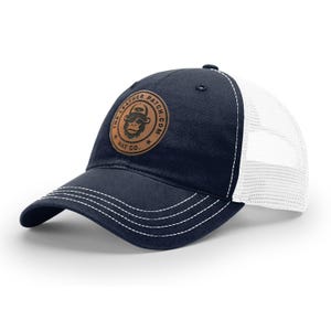 Custom Leather Patch Trucker Hats, Logo Hat, Laser Engraved Leather Patch, Business Merch, Company Logo Hat, Richardson 111 Snapback Hat