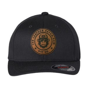 Youth FlexFit Custom Trucker Leather Patch Hat, Company brand, Personalized Logo or Text, Laser Engraved, Yupoong Flexfit