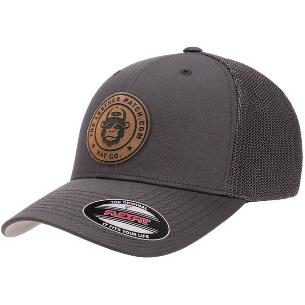Custom FlexFit Trucker Leather Patch Hat, Company brand, Personalized Logo or Text, Laser Engraved, Yupoong Hats, Flex Fit Hats