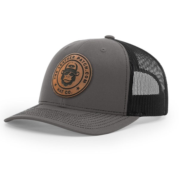 Custom Leather Patch Hat, Leatherette, Trucker Style, Snap Back, Richardson 112