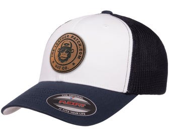 Custom Leather Patch FlexFit Trucker Hat: Personalized Company Logo