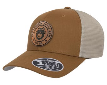 Custom Leather Patch FlexFit Trucker Hat: Personalized Company Logo