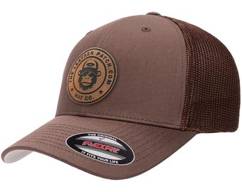 Custom Leather Patch FlexFit Trucker Hat: Personalized Company Logo