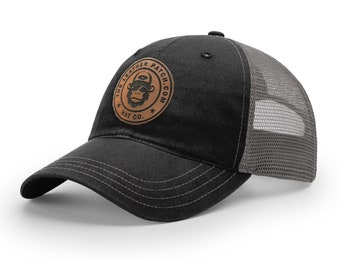 Custom Leather Patch Trucker Hats, Logo Hat, Laser Engraved Leather Patch, Business Merch, Company Logo Hat, Richardson 111 Snapback Hat