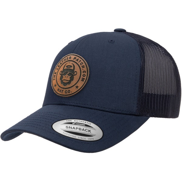 Custom Trucker Leather Patch Hat, Company brand, Personalized Logo or Text, Laser Engraved, Richardson Hats, Yupoong 6606