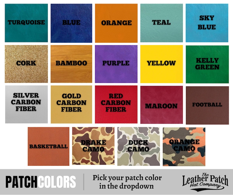 a collection of 16 different patch colors, each with a unique pattern and color, arranged in a grid format. The text "PATCH COLORS" is visible, indicating that the image is a collage of various patch colors.