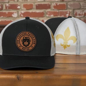 Fleur De Lis Printed Mesh Trucker Hat with Custom Leather Patch – Personalized Logo – Flag Hat – Custom Hats for Business, Events & Gifts