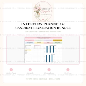 May include: An interview planner and candidate evaluation bundle featuring an Excel dashboard with colorful data tables and bar charts. The document includes sections for interview tracking, candidate ratings, and status updates, alongside Word forms.