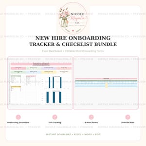 Könnte beinhalten: Ein digitales Onboarding-Tracker- und Checklisten-Paket für neue Mitarbeiter mit einem Excel-Dashboard in Rosa, Blau und Gelb sowie bearbeitbaren Word-Formularen, Aufgabenverfolgung und einem 30-60-90-Tage-Plan für die Einarbeitung.