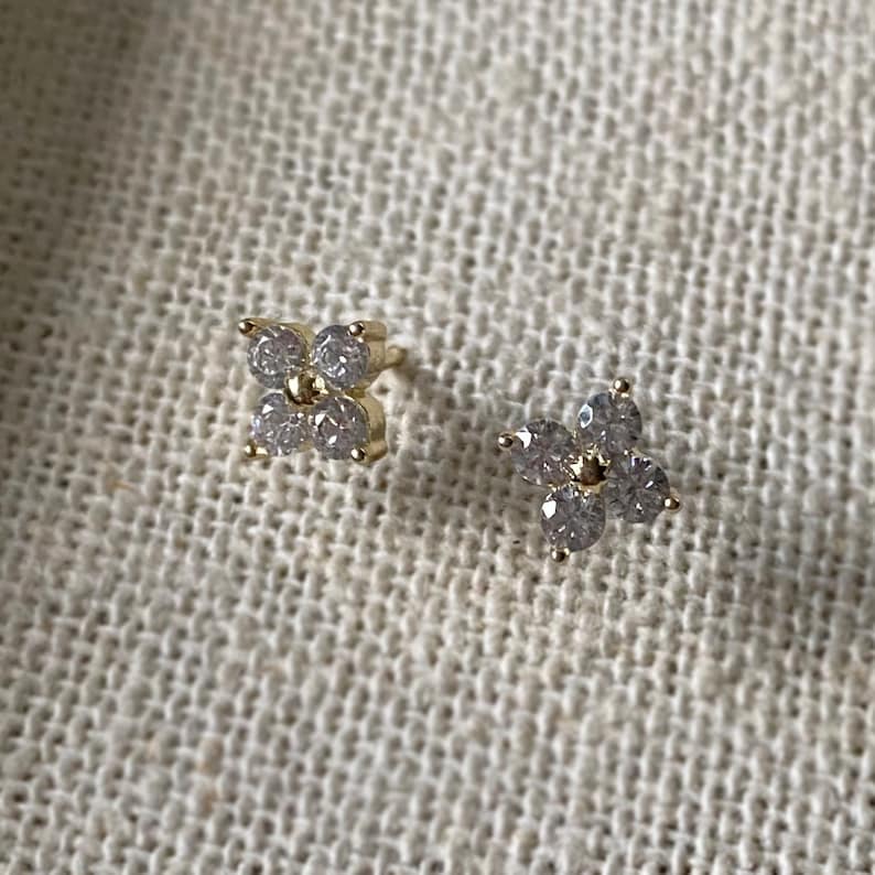 Diamond Stud Earrings / 14k Gold Diamond Earrings / Screw Back Diamond Earrings / 4 diamonds Earrings image 2