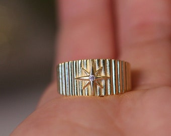 14k Star Gold Ring, Diamond Gold Ring, Unique Gold Ring, Christmas Gifts