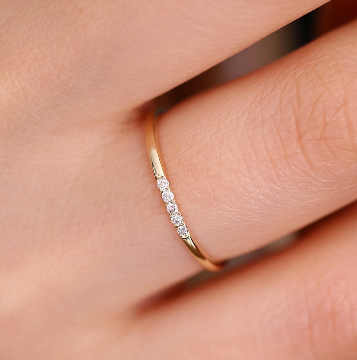 14k Solid Gold Simple Ring, 5 Diamond Ring Gold, Stackable Ring Gold ...