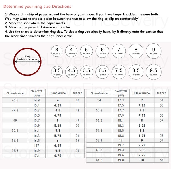 Ring Size Chart - How To Measure Your Ring Size At Home - Ring size guide - Ring size chart for women - Ring size in inches- with water mark