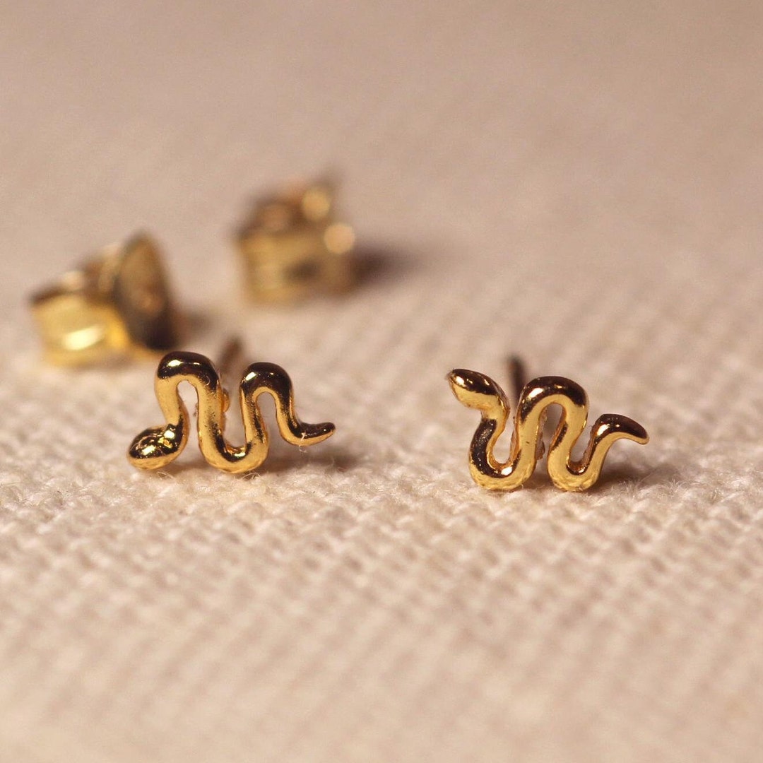 Snake Earrings Stud - 14k Solid Gold - Etsy