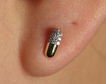 14k Pill Earrings / Diamond Pill Stud Earrings, Vaccinated Earrings, Be Safe Earrings