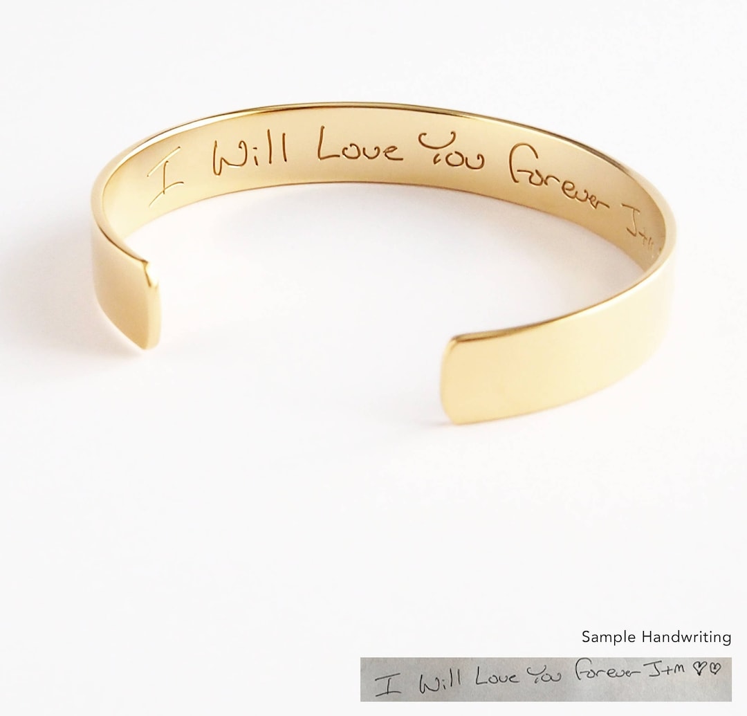 14k Yellow Cuff Bracelet / Handwriting Engraving Bracelets / Customized